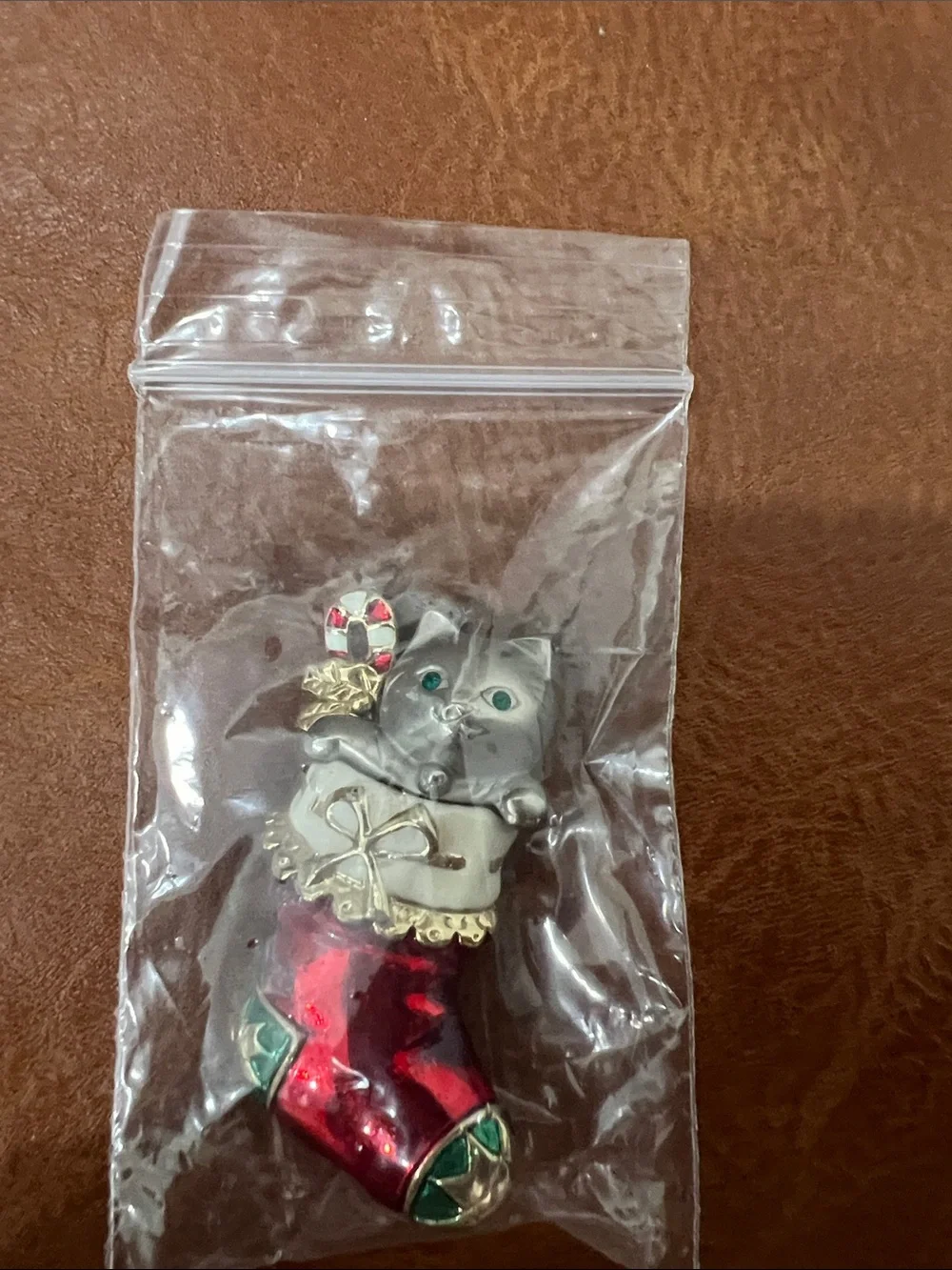 Cat Ornament in Red and Silver Holiday Stocking